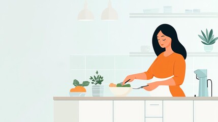 Minimalistic kitchen with a new mother prepping nutritious meals for postpartum recovery, postnatal care, healthy eating focus