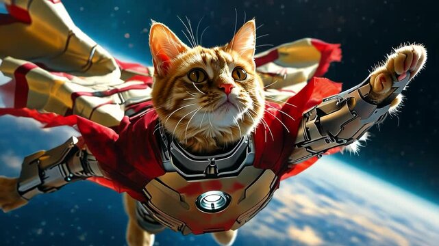 A heroic cat in a space setting wearing a superhero suit