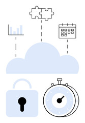 Cloud with a graph, puzzle pieces, calendar, lock, and stopwatch. Ideal for technology, data security, productivity, collaboration time tracking remote work abstract line flat metaphor
