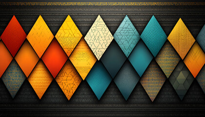 Abstract geometric design featuring vibrant diamond shapes with intricate patterns, creating a visually striking and modern aesthetic. Ideal for backgrounds or design projects.