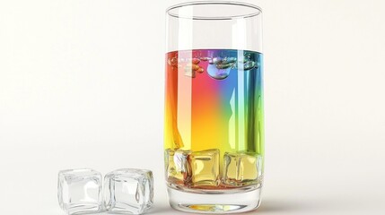 A colorful drink in a glass with ice cubes.