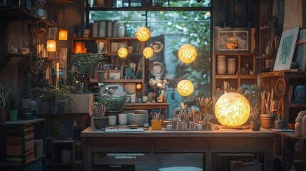 Whimsical sculpting studio with glowing clay and magical artistic tools