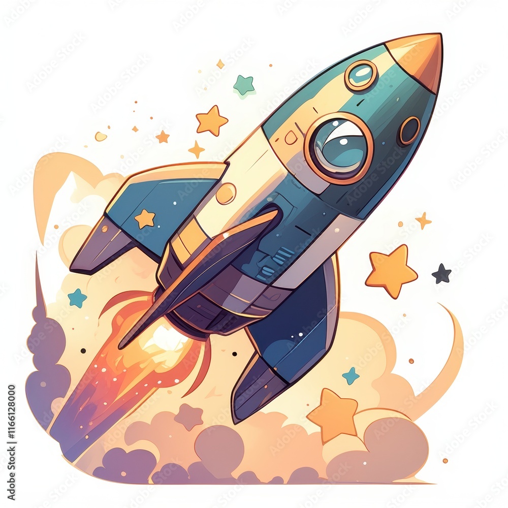 Poster a colorful rocket soaring through clouds, symbolizing exploration and adventure.