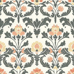 Vintage Floral patterned wallpaper with green foliage and peach flowers on a light background, ideal for interior design projects.