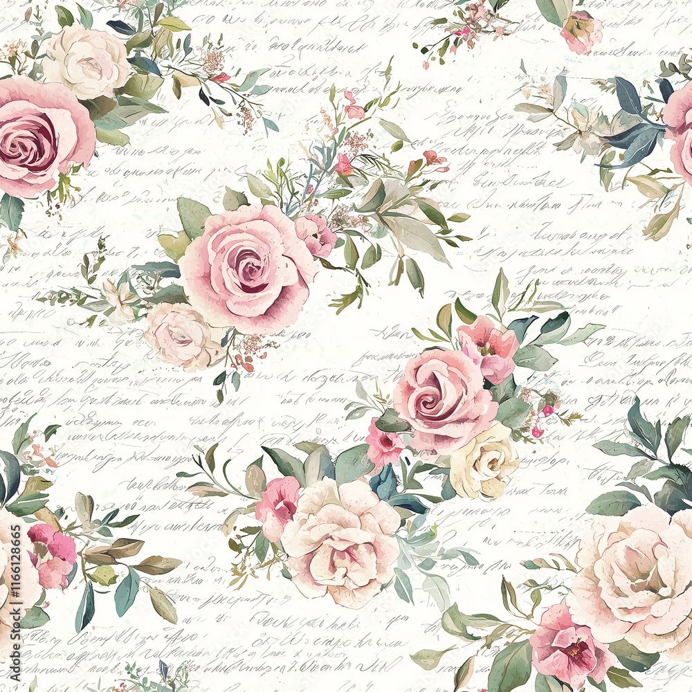 Poster vintage delicate floral pattern featuring pink roses and greenery on a soft, textured background wit