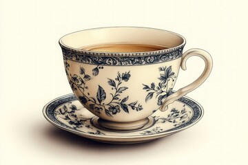 Ornate teacup, saucer, floral design, tea.