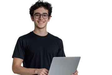 A young man with a laptop, smiling and holding a computer in his hand on a transparent background, symbolizing online work or studying. High resolution, sharp focus, no blur.