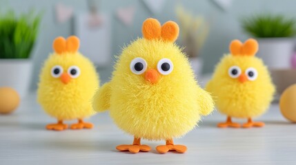 Naklejka premium DIY Easter chick craft using yellow pom-poms, googly eyes, and orange foam feet, arranged on a white table with scattered craft supplies, playful and simple 
