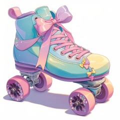 A colorful roller skate featuring pastel colors and decorative bows.