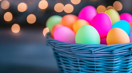 Glow-in-the-dark Easter basket filled with neon bracelets, blacklight pens, and glowing eggs, vibrant and fun for nighttime Easter hunts 
