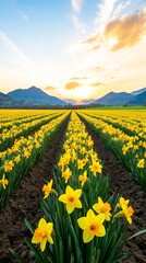 Fototapeta premium Golden sunrise over a field of daffodils, glowing with warmth and optimism, symbolizing the fresh start of March 