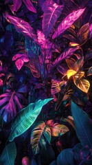 Vibrant neon-lit tropical foliage.