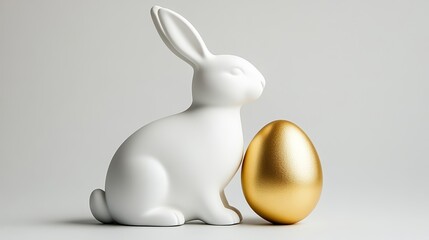 Obraz premium Minimalist Easter bunny silhouette and a single golden egg on a clean white background with soft pastel shadows, sleek and modern aesthetic 