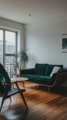 Fototapeta premium Modern living room with green sofa, wooden floor, and plants.