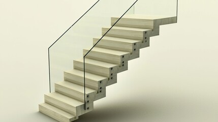 Modern staircase design with glass railing and wooden steps.