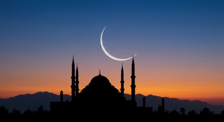 Mosques Dome on dark blue twilight sky and Crescent on background, symbol islamic religion Ramadan and free space for text arabic, Eid al-Adha, Eid al-fitr, Mubarak, Islamic new year Muharram
