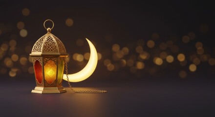 A dark photography of a crescent moon and a lantern with a dim lighting effect., islamic lantern and Golden moon luxury style, Ramadan Kareem, mawlid, iftar, isra miraj, eid al fitr 3D illustration 