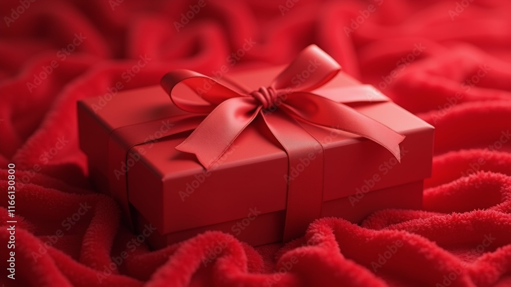 Poster the image is a close-up of a red gift box with a large bow on top. the box is rectangular in shape a