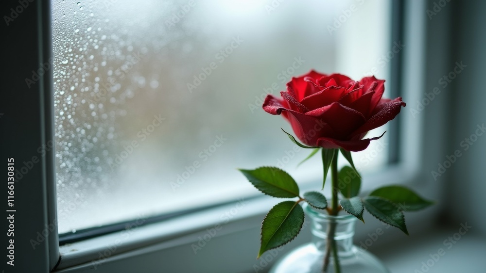 Poster the image is a close-up of a single red rose in a glass vase on a windowsill. the rose is in full bl