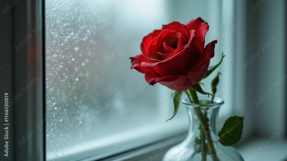 Poster the image is a close-up of a single red rose in a glass vase on a windowsill. the rose is in full bl