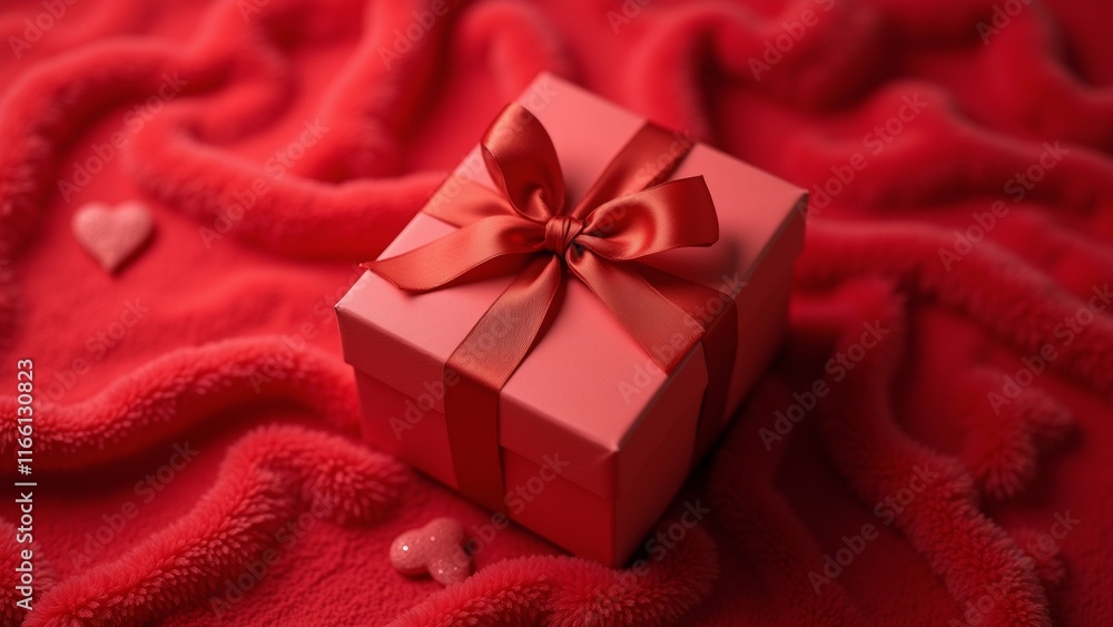 Poster the image is a close-up of a small red gift box with a large red ribbon tied in a bow on top. the bo