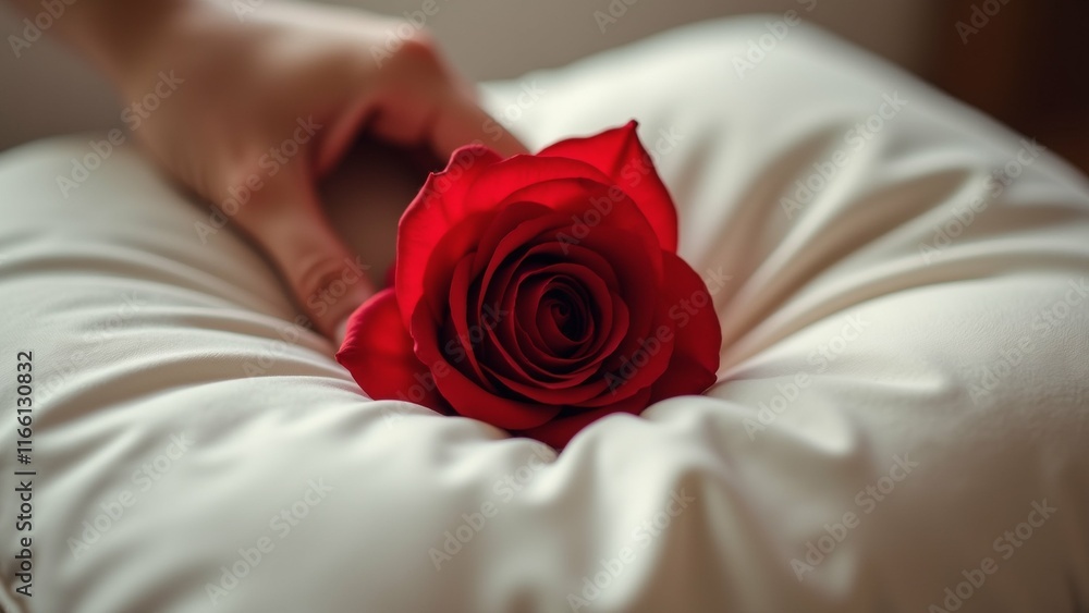Poster the image is a close-up of a single red rose resting on a white pillow. the rose is in the center of