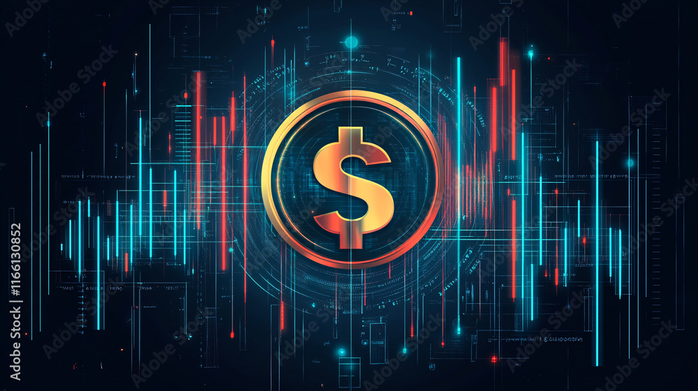 Poster a digital representation of a dollar sign surrounded by colorful data visualizations, symbolizing fi