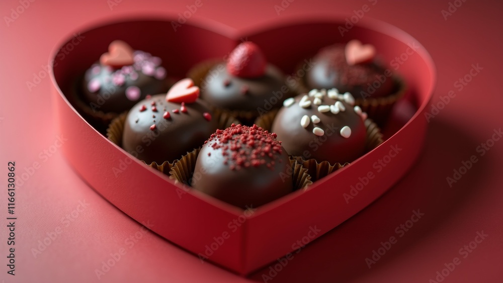 Poster the image shows a heart-shaped red box filled with chocolate truffles. the box is placed on a red su