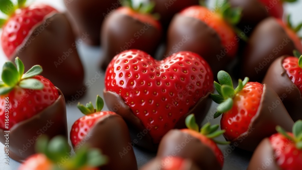 Poster the image shows a group of strawberries covered in dark chocolate. the strawberries are arranged in 