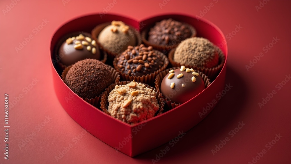 Poster the image shows a heart-shaped red box filled with chocolate truffles. the box is placed on a red ba