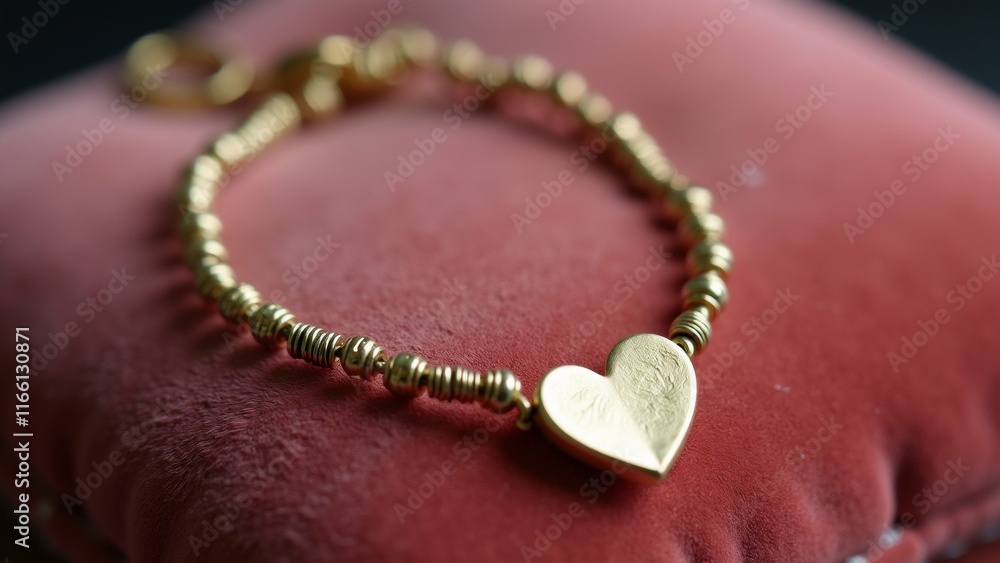 Poster the image shows a gold bracelet with a heart-shaped pendant hanging from it. the bracelet is made up