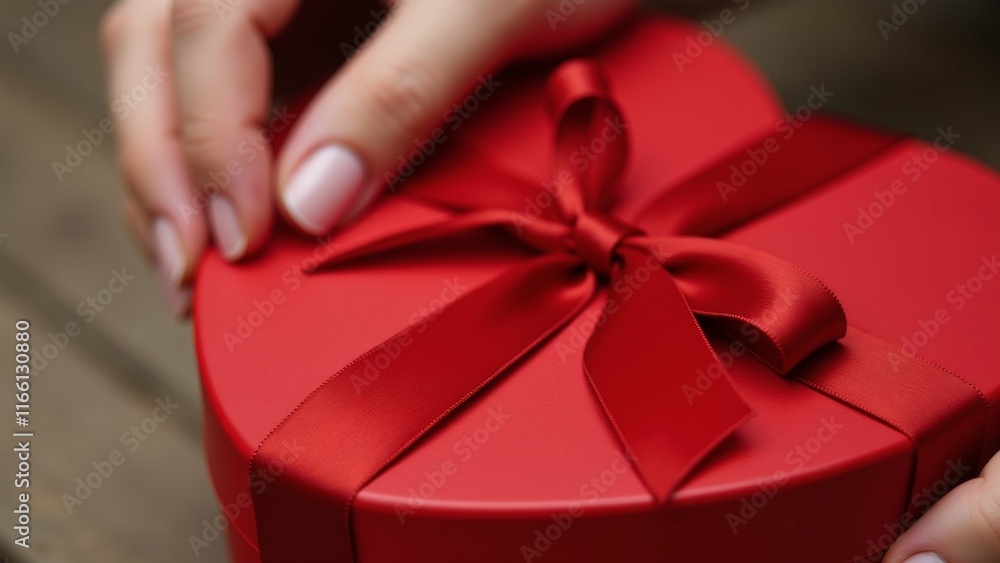 Poster the image shows a pair of hands holding a red gift box. the box is round and has a shiny surface. it