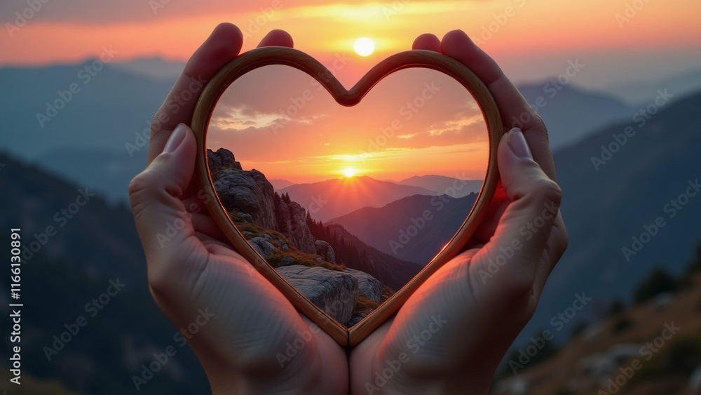 Poster the image shows a pair of hands holding a heart-shaped frame. the frame is made of wood and is place