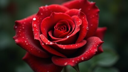Fototapeta premium The image is a close-up of a red rose with water droplets on it. The rose is in full bloom and its petals are a deep, vibrant red color.