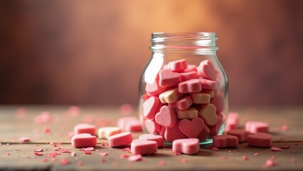 The image shows a glass jar filled with small pink and white heart-shaped candies. The jar is placed on a wooden surface with scattered petals around it.