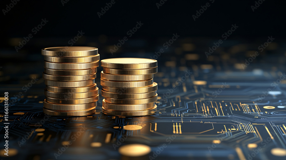 Poster the image showcases stacks of shiny gold coins placed on a dark, circuit-patterned surface, symboliz