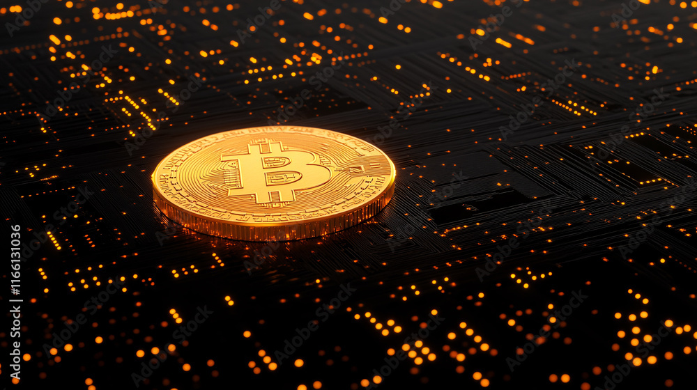 Poster a glowing bitcoin coin rests on a dark digital circuit background, symbolizing cryptocurrency and bl