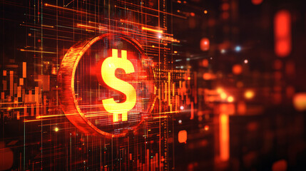 A glowing dollar sign appears amidst a digital matrix of data, symbolizing the intersection of finance and technology.