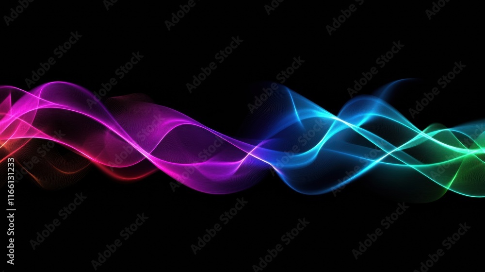 Poster Vibrant abstract glowing neon lines create a mesmerizing wave effect in a black background environment. Generative AI