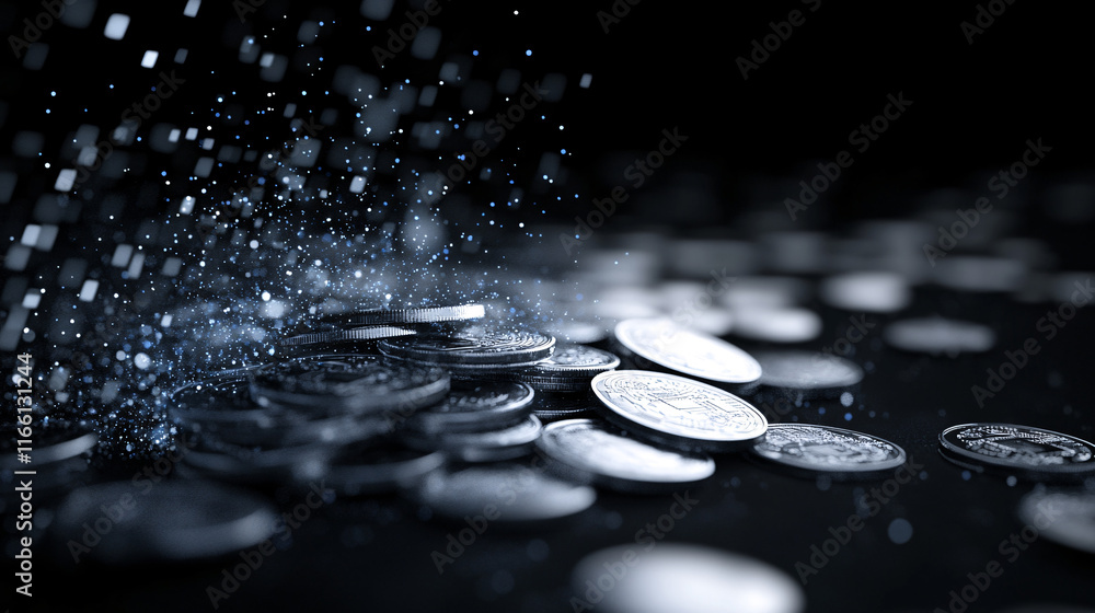Poster a close-up of scattered coins with a blurred background, creating a dynamic effect of movement and l
