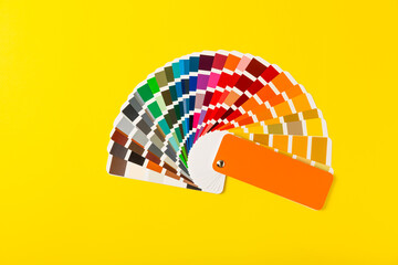 Color palette on a bright colored background. Color palette guide. paper catalog of rainbow color....