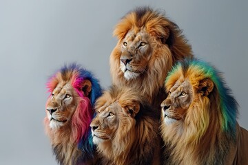 Fototapeta premium A family of lions with vibrant colored manes set against a minimalist gray background, emphasizing their uniqueness