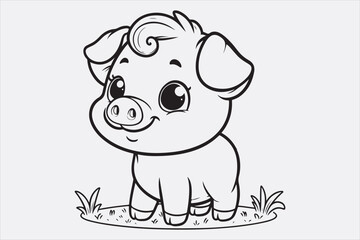 A line art illustration of a happy pig standing on grass.