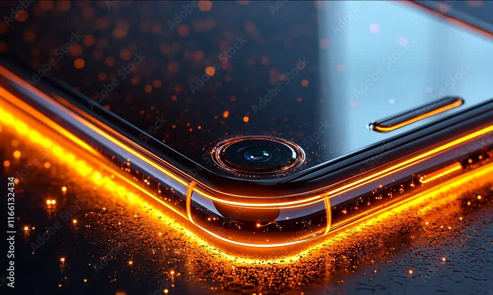 Poster close up of modern smartphone with glowing orange edges, showcasing futuristic technology and camera