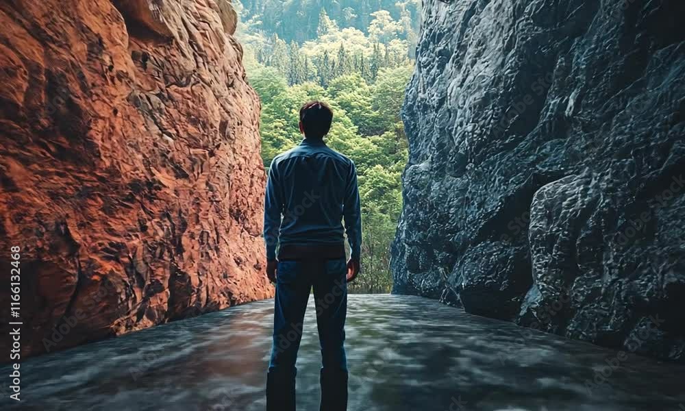 Poster man contemplates his path between rocky cliffs, embracing natures greenery and decision of solitude 
