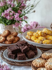 Fototapeta premium A Beautiful Display of Delicious Brownies, Sweet Cookies, and Fresh Corn Surrounded by Colorful Flowers for a Perfect Dessert Spread