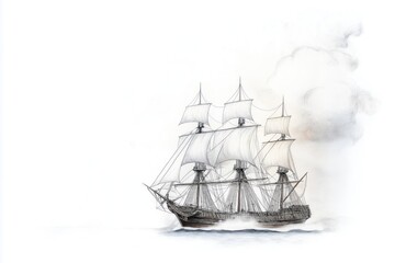 Detailed pencil sketch shows ship sailing on open sea. Large ship with billowing sails moves across water. Cloudy sky in background. Sea voyage exploration journey concept. Historic vintage art