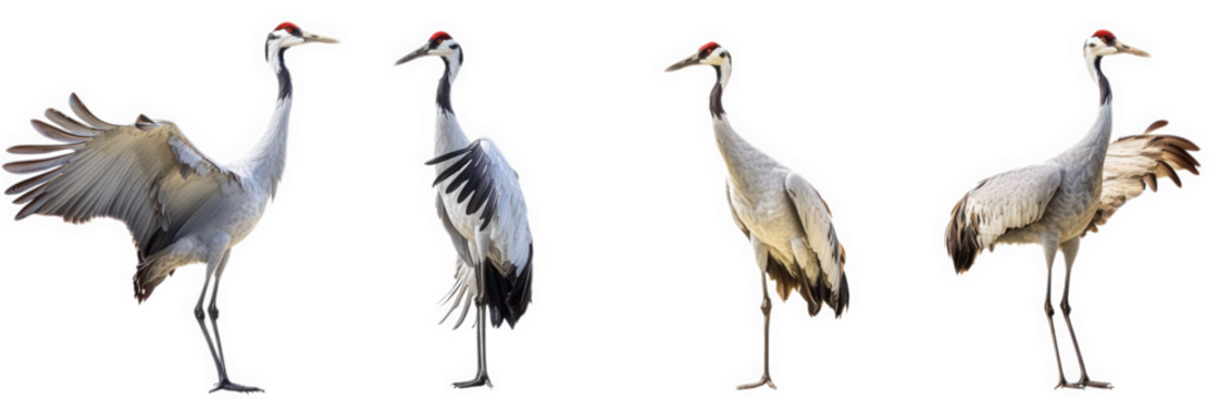 four elegant cranes. showcasing different poses and wing positions their striking red crowns and graceful forms highlight their beauty and movement. emphasizing the importance of avian diversity and t