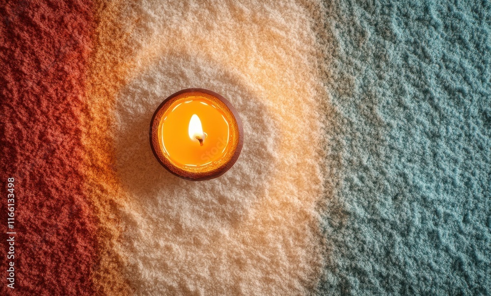 Poster a meditative scene featuring a single flickering candle surrounded by colored sand creating a calm a