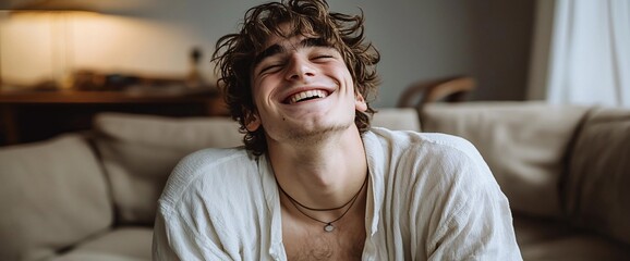Fototapeta premium Happy young man laughing on sofa indoors.